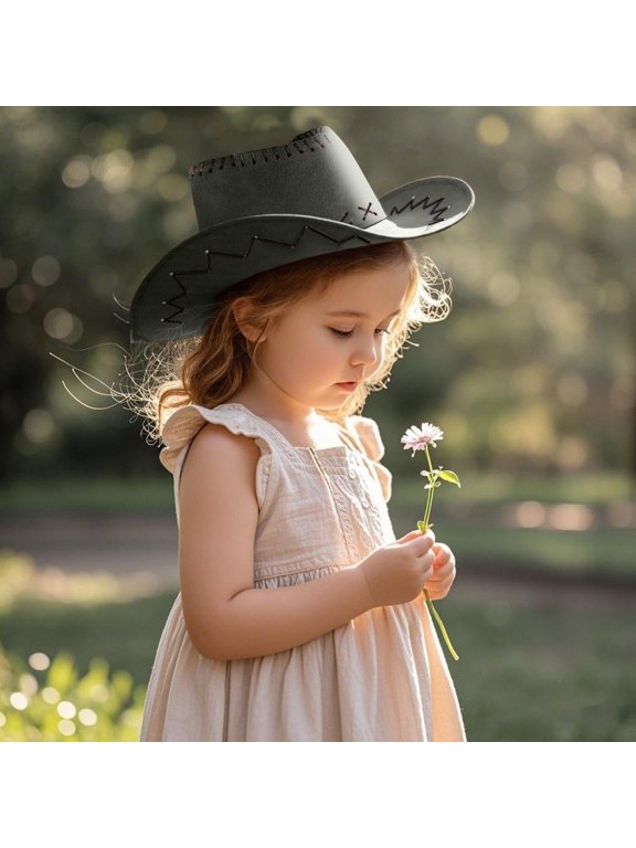 Kids Western Cowboy Hat with Strap Wide Brim Outdoor Performance Summer Sun Protection Beach Party Cap Army Green