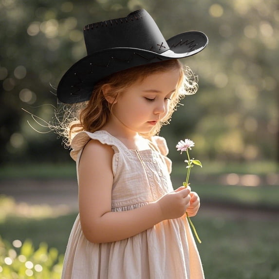 Conairie Kids Western Cowboy Hat with Strap Wide Brim Outdoor Performance Summer Sun Protection Beach Party Cap Black
