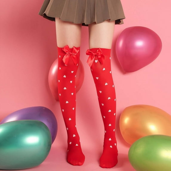 Conairie Knee High Socks for Women Valentine's Day Bowknot over the Knee Socks Heart Thigh-High Knee Long Legging for Party One Size