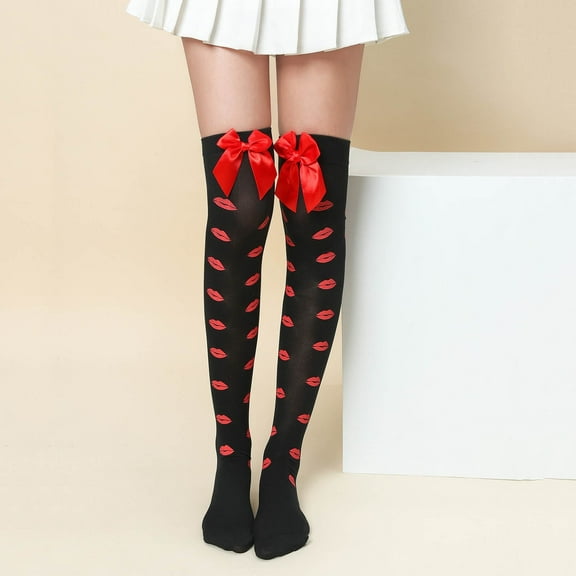 Conairie Knee High Socks for Women Valentine's Day Bowknot over the Knee Socks Heart Thigh-High Knee Long Legging for Party One Size