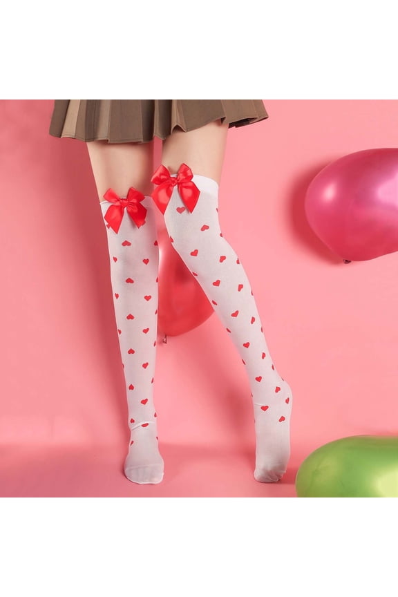 Knee High Socks for Women Valentine's Day Bowknot over the Knee Socks Heart Thigh-High Knee Long Legging for Party One Size