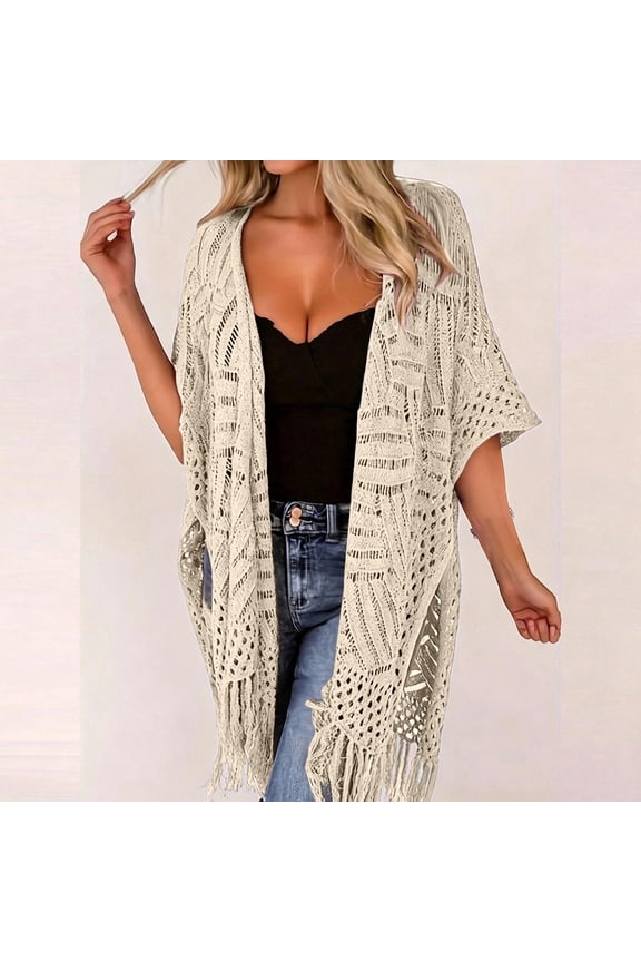 Lightweight Summer Crochet Cardigan for Women Short Sleeve Kimono Boho Oversized Open Front Knitted Cardigan Beige One Size