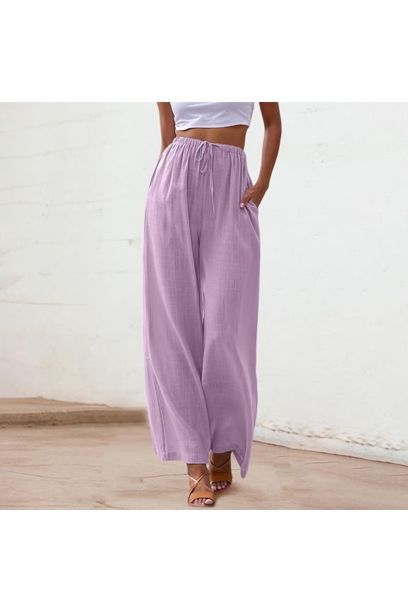 Linen Pants For Women Solid High Waisted Casual Palazzo Pants Wide Leg Loose Summer Beach Pants With Pockets Purple L