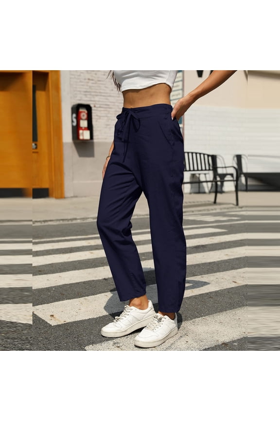 Linen Pants For Women Straight Leg High Waisted Casual Palazzo Pants With Drawstring Vacation Beach Pants Outfits With Pockets Navy M