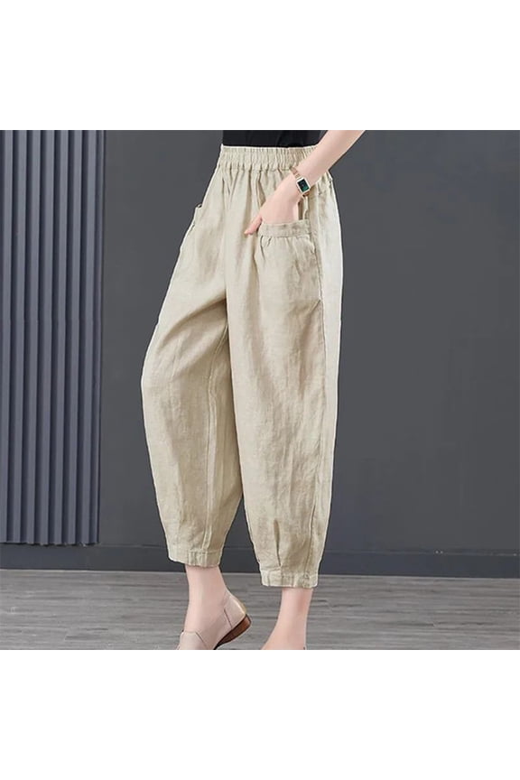 Linen Pants For Women Wide Leg Elastic Waisted Casual Palazzo Pants Solid Relaxed Fit Summer Beach Pants With Pockets Beige L