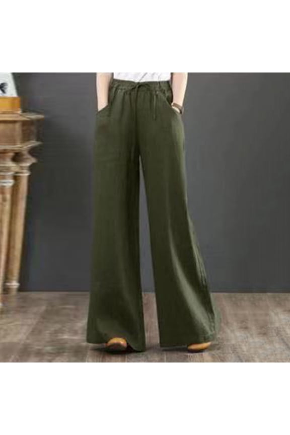 Linen Pants For Women Wide Leg High Waisted Casual Lounge Boho Flowy Trousers With Drawstring Summer Beach Pants With Pockets Green XXL