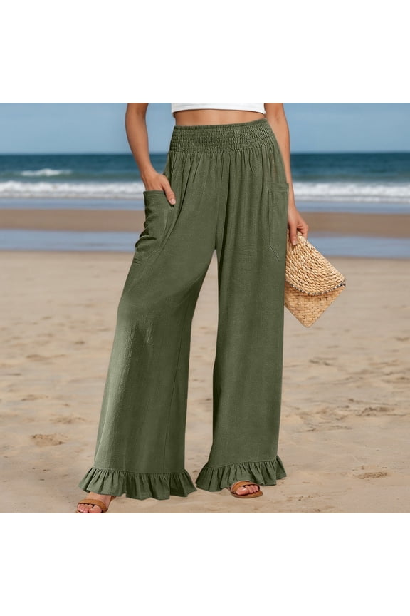 Linen Pants Women Wide Leg Elastic Waisted Casual Palazzo Pants Solid Relaxed Fit Summer Beach Trousers With Pockets Army Green L