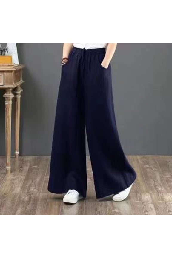 Linen Pants Women Wide Leg Elastic Waisted Casual Palazzo Trousers With Drawstring Vacation Beach Pants Outfits With Pockets Navy XXL