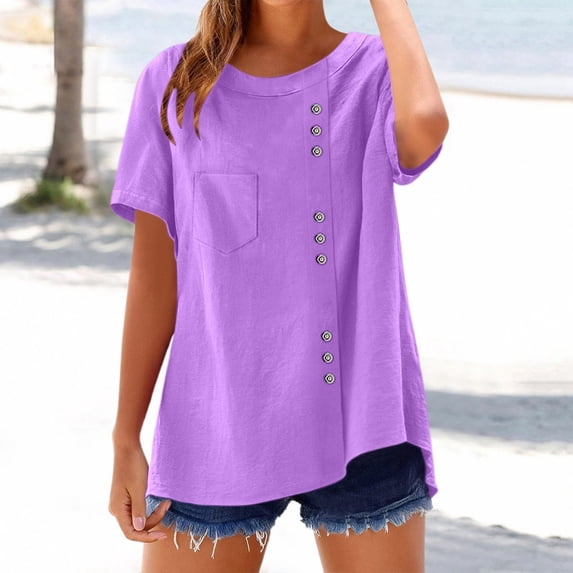 Conairie Linen Shirts For Womens Solid Short Sleeve Regular Fit Crew Neck Button Shirt Comfortable Soft Classic Dressy Casual Tee Purple M
