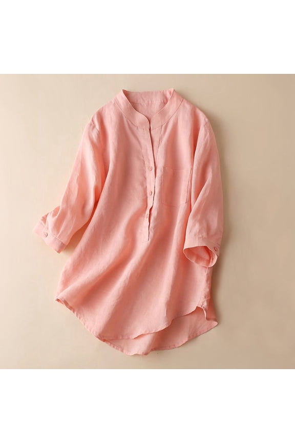 Linen Shirts for Women 3/4 Sleeve Mandarin Collar Tee Simple Plus Size Casual Loose Blouses Pink L