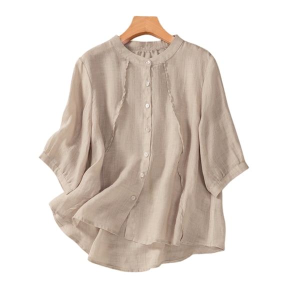 Conairie Linen Shirts for Womens Half Sleeve Mandarin Collar Blouses Solid Color Vintage Loose Summer Tops Khaki M