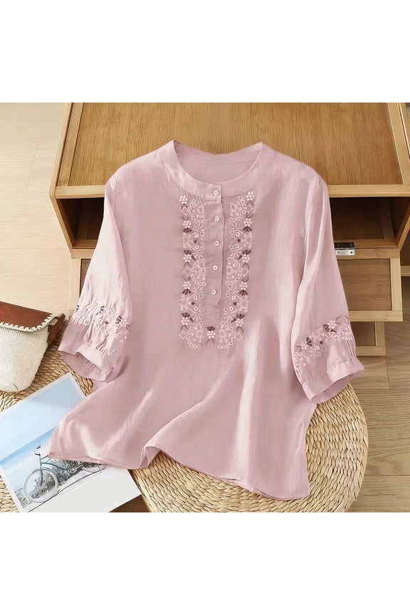 Linen Shirts for Womens Half Sleeve Mandarin Collar Tee Embroidery Vintage Summer Loose Lightweight Blouses Light Purple XL/3