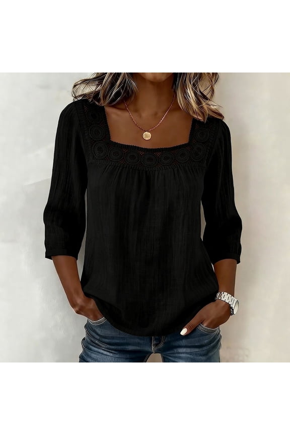 Linen Shirts for Womens Half Sleeve Square Neck Tops Solid Color Lace Trim Patchwork 2026 Summer Blouses Black L
