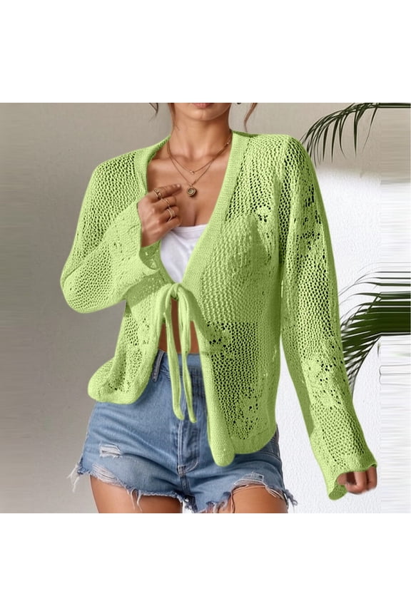 Long Sleeve Cardigans For Women Summer Solid Color Crochet Tops Lightweight Boho Beach Vacation Clothes Green S
