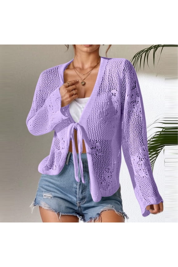 Long Sleeve Cardigans For Womens Summer Solid Color Crochet Tops Comfortable Front Open Casual Clothes Purple S