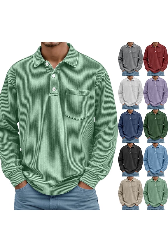 Long Sleeve Polo Shirts for Men Daily Loose Simple Corduroy Waffle Lapel Quarter Button Polo Shirt Casual Ribbed Stand Collar Tops with Pocket BU1 XL