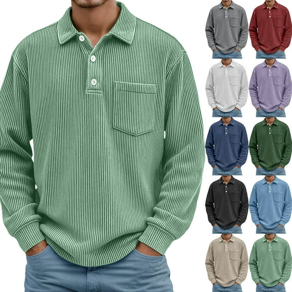 Conairie Long Sleeve Polo Shirts for Men Daily Loose Simple Corduroy Waffle Lapel Quarter Button Polo Shirt Casual Ribbed Stand Collar Tops with Pocket Black L