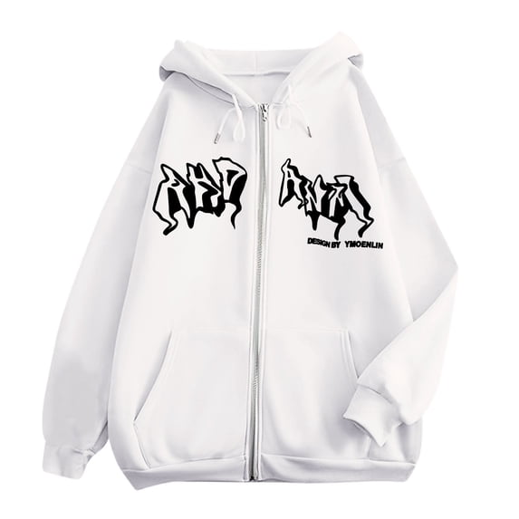 Conairie Long Sleeve Sweatshirt For Men Zip Up Hoodies Hop Goth Print Street Fashion Unisex Drawstring Sweat Jacket Tops Clothes With Pocket White XXL