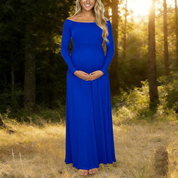 Conairie Maternity Dress for Baby Shower Long Sleeve off Shoulder Elegant Flowy Midi Dress Photoshoot Pregnancy Summer Wedding Dress Blue L