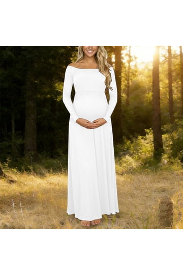 knee length dresses for ladies Off Shoulder Pearls High Quality Ivory Long Sleeves Open Front Maternity Gown Prom Dresses Yewen 18w / Ivory main image 1