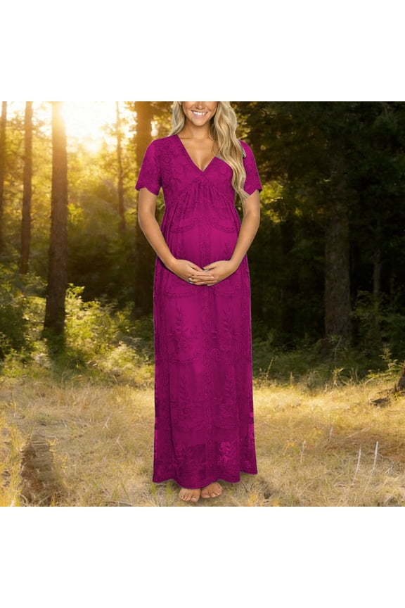 Maternity Dress for Baby Shower Photoshoot Pregnancy Summer Midi Dress Casual Flutter Short Sleeve Lace V Neck Wedding Dress Hot Pink L