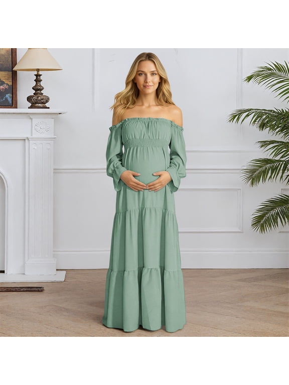 Maternity Dress for Baby Shower Photoshoot Pregnancy Summer Midi Dress off Shoulder Long Sleeve Elegant Flowy Wedding Dress Light Green XXL