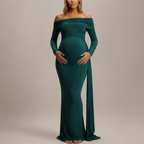 Conairie Maternity Dress for Baby Shower Photoshoot Pregnancy off Shoulder Midi Dress Long Sleeve Elegant Flowy Wedding Dress Dark Green L
