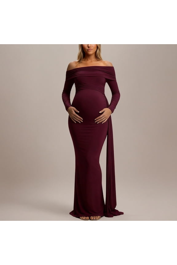 Maternity Dress for Baby Shower Photoshoot Pregnancy off Shoulder Midi Dress Long Sleeve Elegant Flowy Wedding Dress S