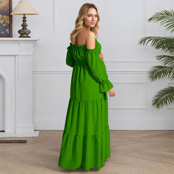 Conairie Maternity Dress for Baby Shower off Shoulder Long Sleeve Elegant Flowy Midi Dress Photoshoot Pregnancy Summer Wedding Dress Green L
