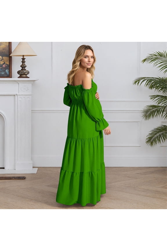 Maternity Dress for Baby Shower off Shoulder Long Sleeve Elegant Flowy Midi Dress Photoshoot Pregnancy Summer Wedding Dress Green L