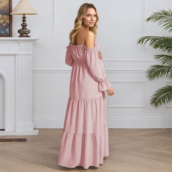 Conairie Maternity Dress for Baby Shower off Shoulder Long Sleeve Elegant Flowy Midi Dress Photoshoot Pregnancy Summer Wedding Dress Light Pink XL