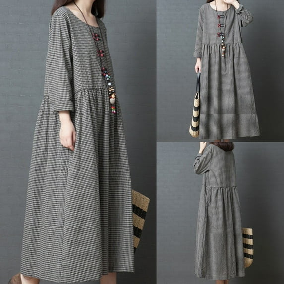 Conairie Maxi Dresses for Women Solid Color Crew Neck Loose Fashion Long Sleeve A-Line Dress Soft Lounge Long Swing Dress Grey L