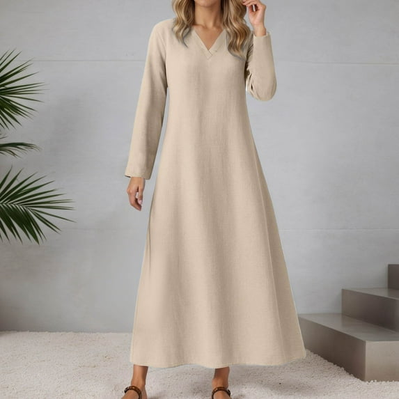 Conairie Maxi Dresses for Women Solid Color V Neck Loose Stretch Fashion Long Sleeve A-Line Dress Lightweight Soft Lounge Long Swing Dress Beige L