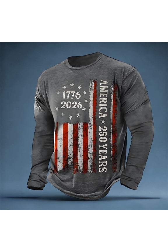 Men 250 Anniversary USA Shirt American Flag Print Long Sleeve Crew Neck Patriotic July 4th T Shirt Loose Holiday Commemorative Tops Grey L