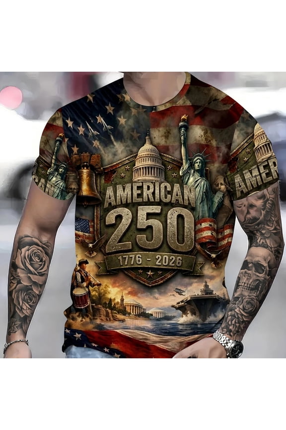 Men 250 Anniversary USA Shirt Graphic Print Crew Neck Patriotic 1776-2026 July 4th T Shirts Loose Short Sleeve Basic Work Tee Vacation Clothes Black XL