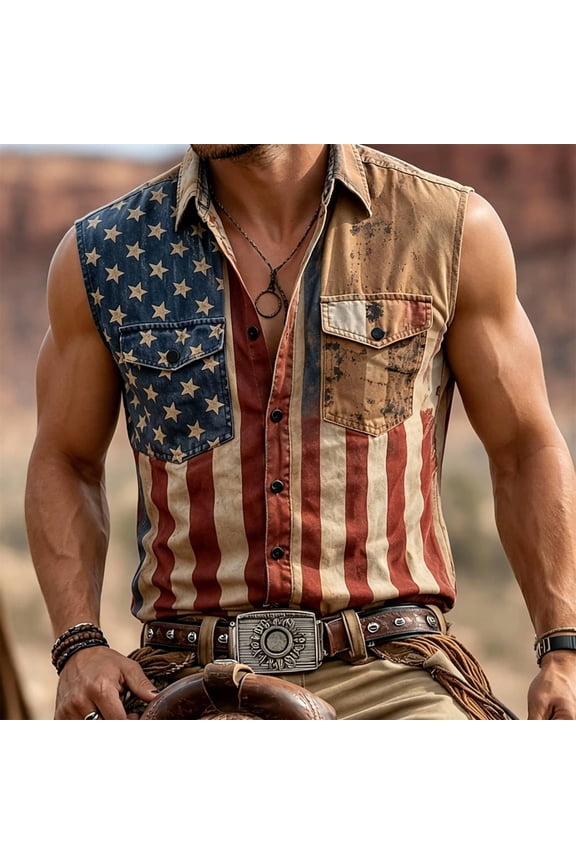 Men 4th of July Shirts Relaxed Fit Sleeveless Collared Button Down Shirt American Flag Print Holiday Commemorative Classic Basic Tops Multicolour L