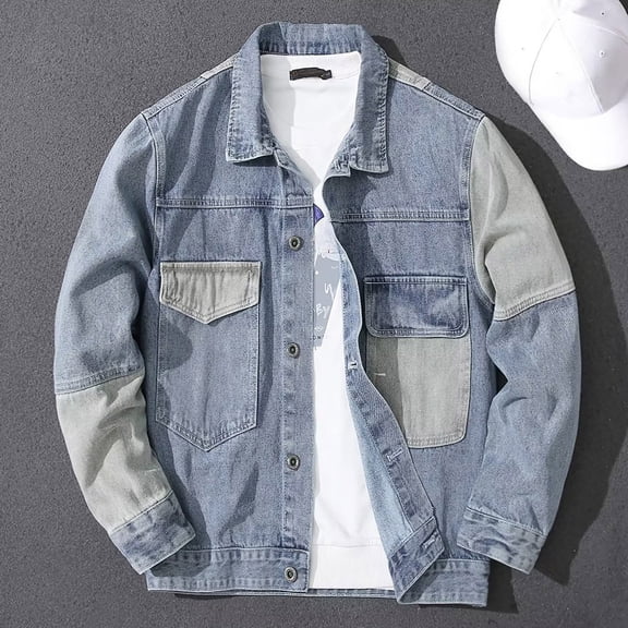 Conairie Men Jean Jacket Patchwork Distressed Long Sleeved Denim Jacket Oversized Button Down Jean Coat with Pocket Blue XXL