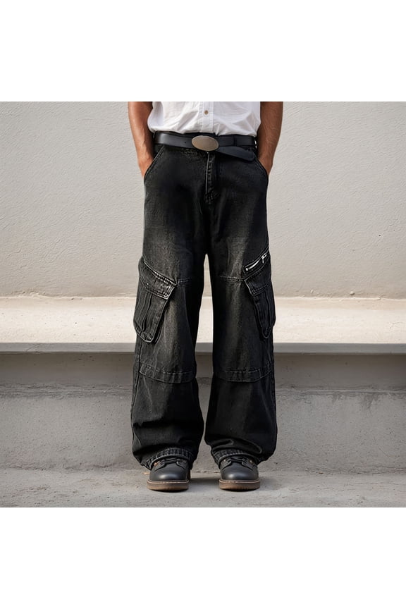 Men Jeans Relaxed Fit Fashion Elastic Waist Denim Pants Lightweight Comfort Outdoor Hiking Pants With Pocket Black L