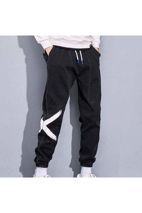 Men Jeans Relaxed Fit Vintage Elastic Waist Denim Pants Comfy Lightweight Travel Long Jeans With Pocket Black L