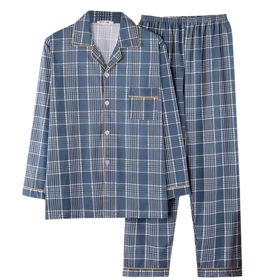 Conairie Men Pajama Set 2 Piece Plaid Soft Button Down Collar Top and Pants Pjs Long Sleeve Sleepwear Lounge Nightwear with Pocket Blue L