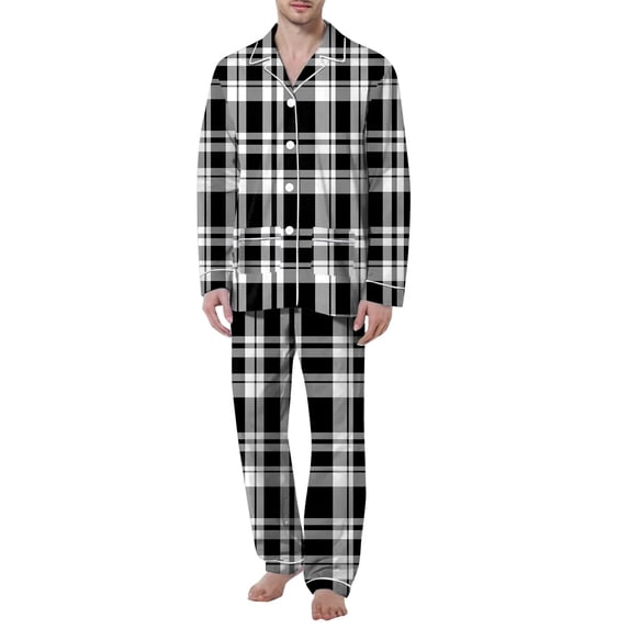 Conairie Men Pajama Set 2 Piece Plaid Soft Button Down Collar Top and Pants Pjs Long Sleeve Sleepwear Lounge Nightwear with Pocket White M