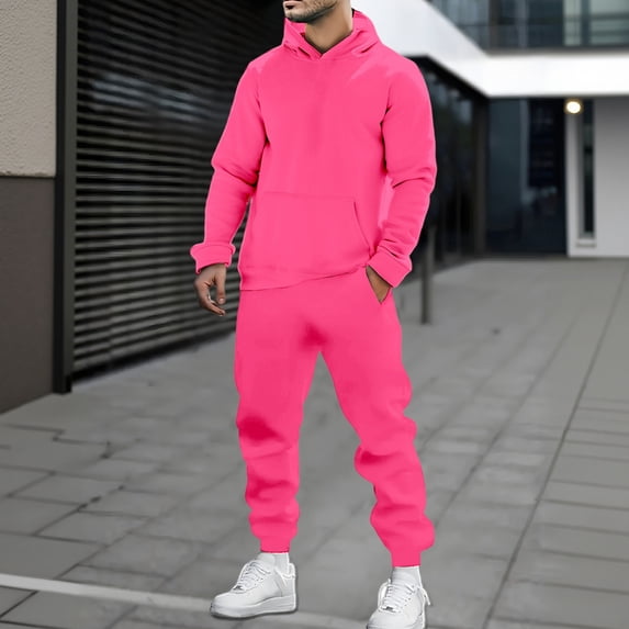 Conairie Men Sweatsuits 2 Piece Set Casual Solid Color Hoodies Sweatshirt And Joggers Sweatpants Set Street Fall Sport Suit Sets Clothes Outfits Hot Pink XXXL