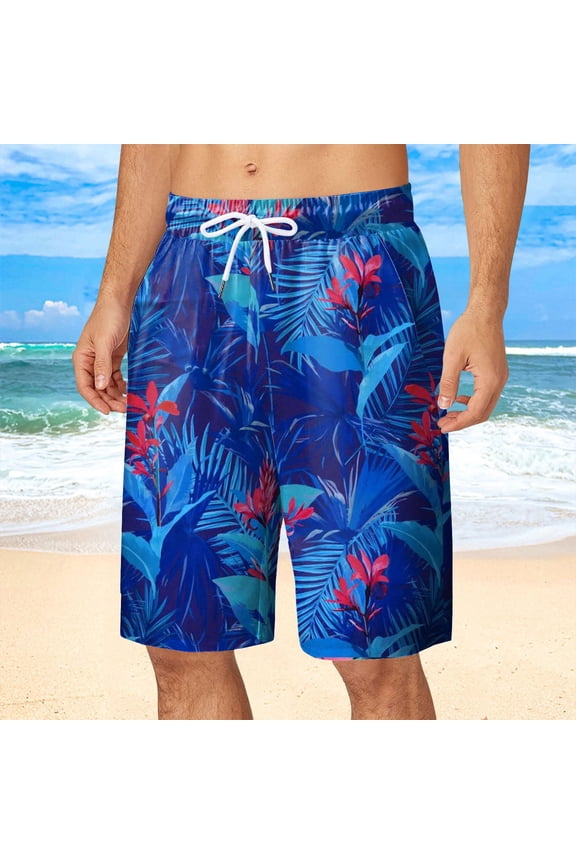 Men Swim Trunks Graphic Print Quick Dry Liner Swim Shorts Beach Lightweight Bathing Suit Bottom With Drawstring Blue L