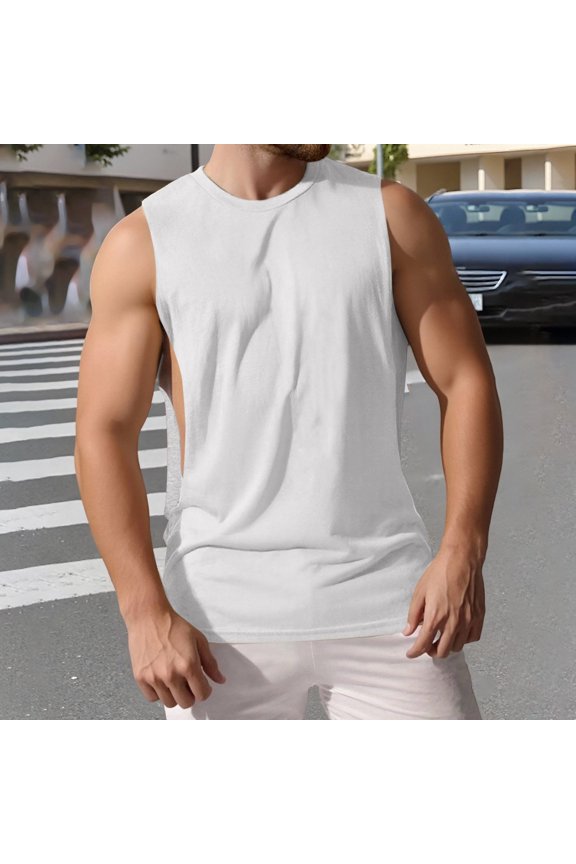 Men Tank Tops Workout Solid Color Slim Gym Muscle Sleeveless Shirts Lightweight Summer Casual Tee Silver L