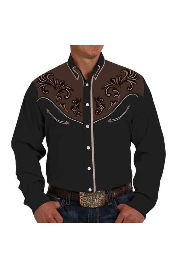 Men Western Shirts Long Sleeve Button Collar Embroidered Cowboy Shirt Regular Fit Business Work Office Tee With Floral Design Brown L