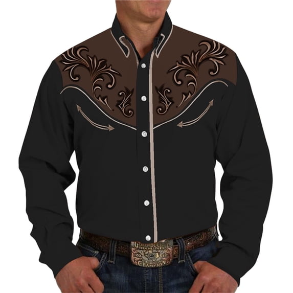 Conairie Men Western Shirts Long Sleeve Button Collar Embroidered Cowboy Shirt Regular Fit Business Work Office Tee With Floral Design Brown L