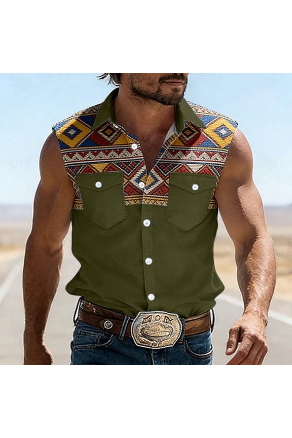 Men Western Shirts Sleeveless Button Collar Embroidered Cowboy Shirt Regular Fit Business Work Office Tee With Floral Design Army Green S