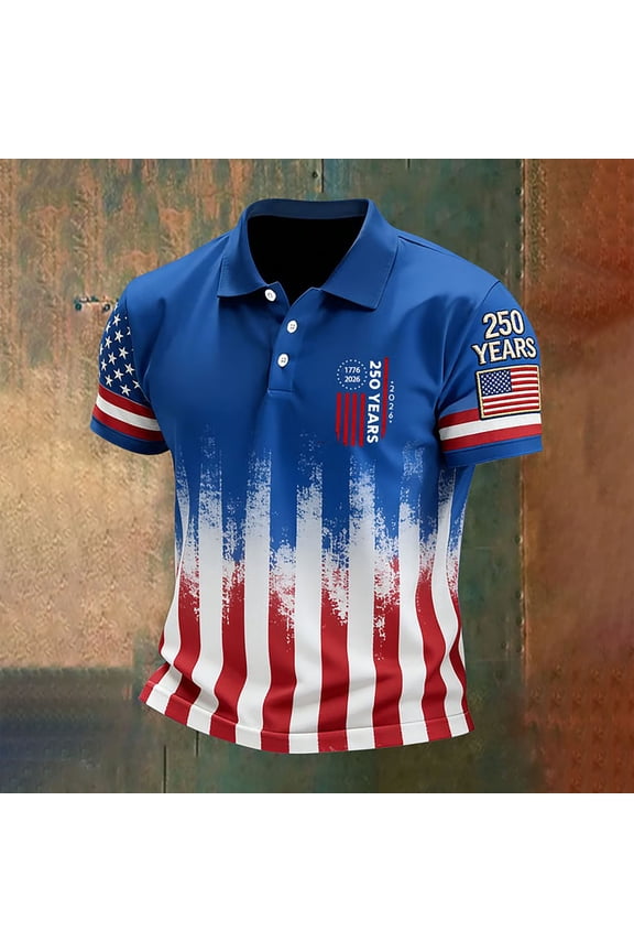 Mens 250 Anniversary USA Polo Shirt American Falg Print Patriotic July 4th T-Shirts With Button Stand Collar Casual Holiday Commemorative Tops Blue M