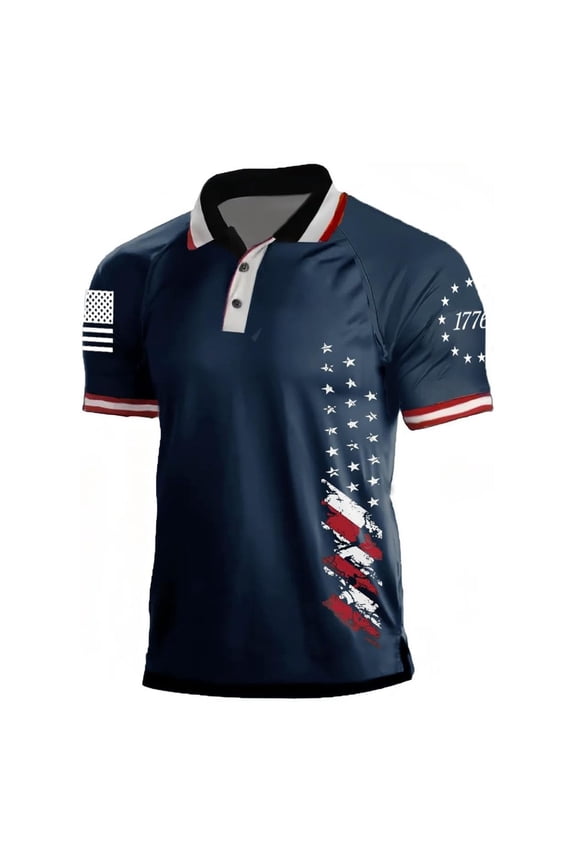 Mens 250 Anniversary USA Polo Shirt American Falg Print Stand Collar Patriotic 1776-2026 July 4th Shirts With Button Casual Short Sleeve Commemorative Tops Navy L