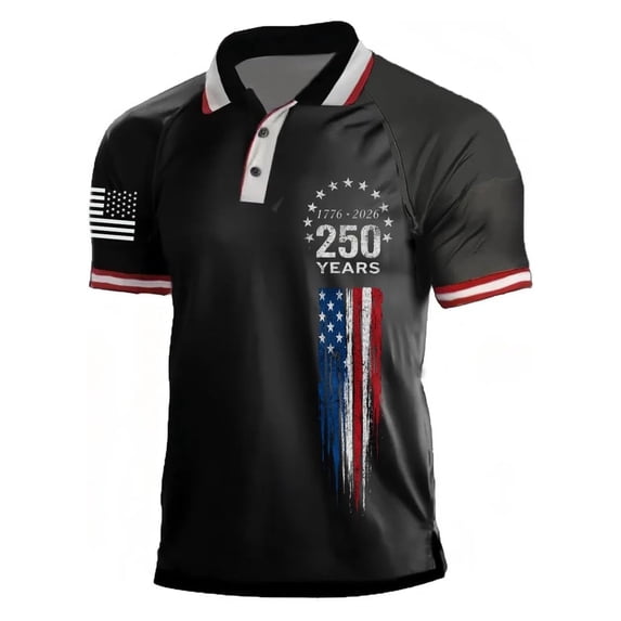 Conairie Mens 250 Anniversary USA Polo Shirt American Falg Print Stand Collar Patriotic 1776-2026 July 4th Shirts With Button Casual Short Sleeve Work Tee Black L